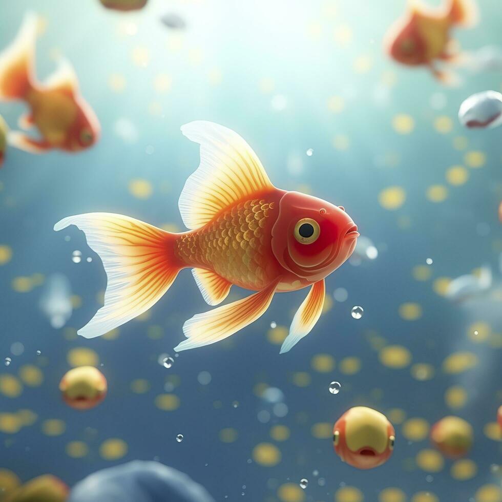 Beautifully colored goldfish swim in the clear aquarium water. 3d animation swimming goldfish.  AI Generative photo