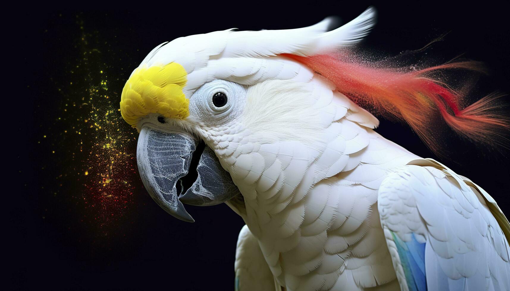 Digital photo manipulation of a white parrot. Generative AI