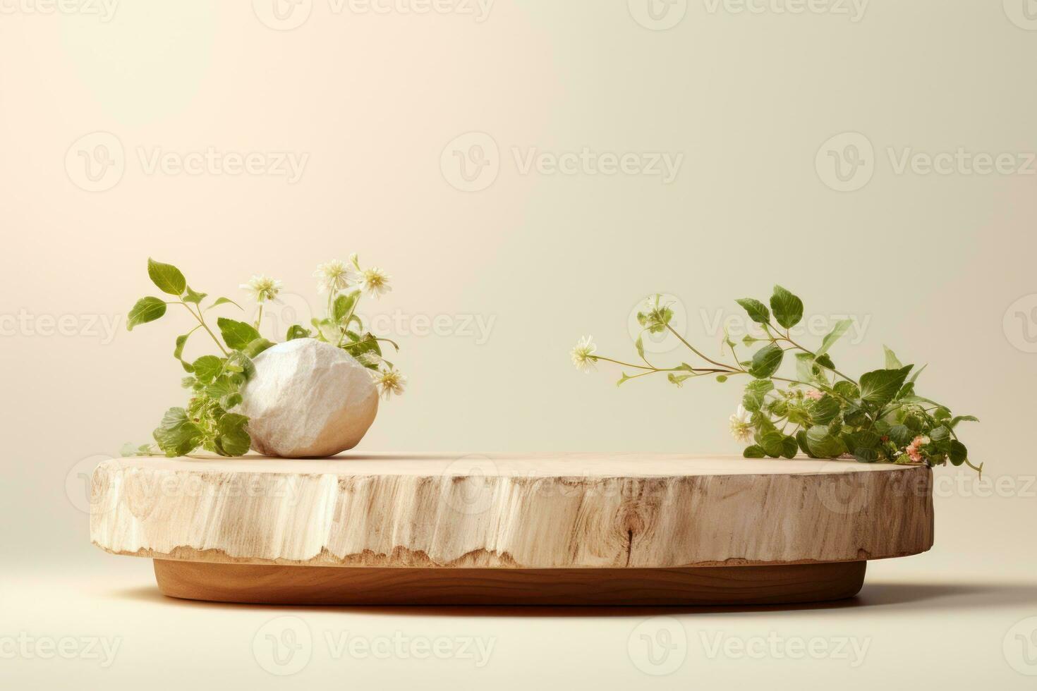 wood podium display for food, perfume, jewellery and cosmetic products on monochrome background. Generative AI photo
