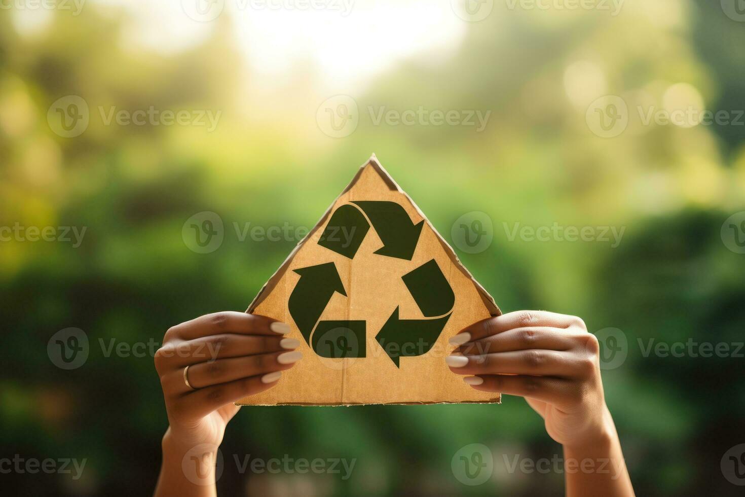 Recycle symbol on hand and bag, sustainable and eco environment concept. Generative AI photo