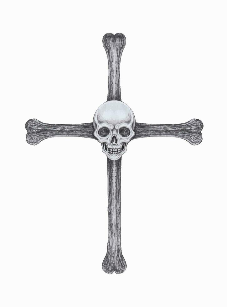 Skull cros bone hand drawing on paper make graphic vector. vector