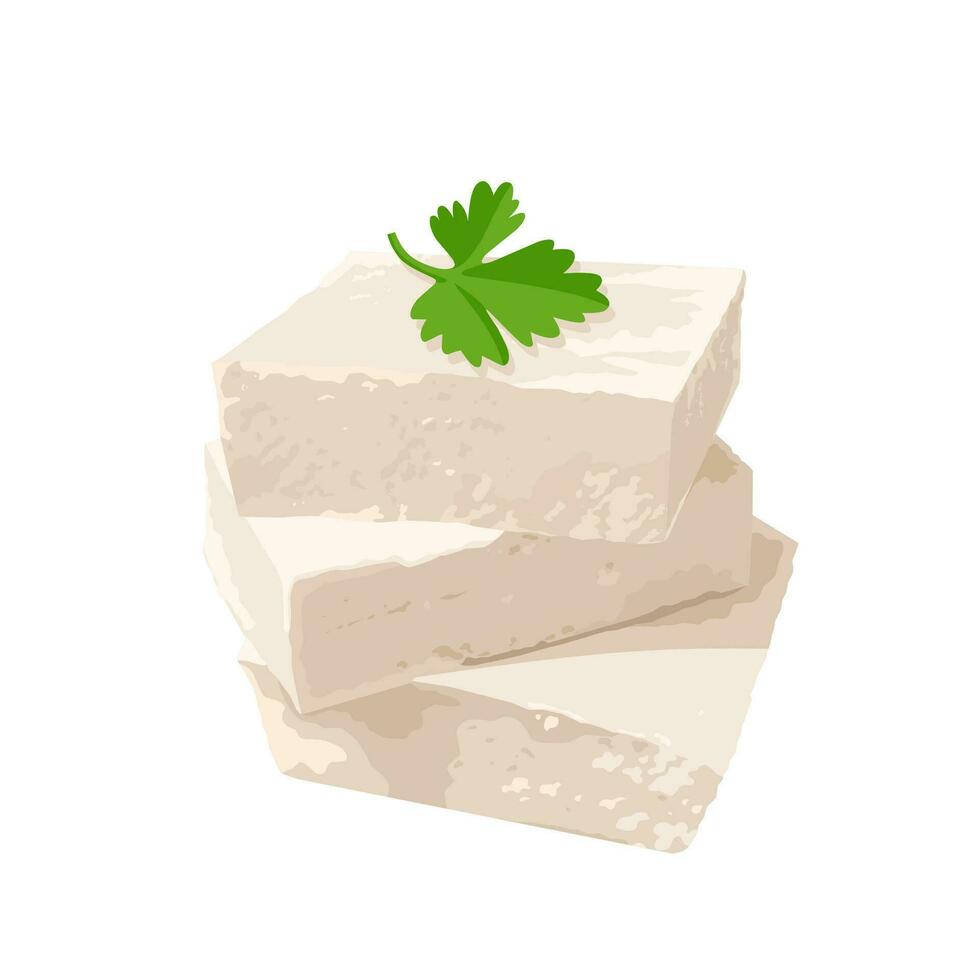 Vector illustration, white tofu with parsley leaf garnish, isolated on white background.