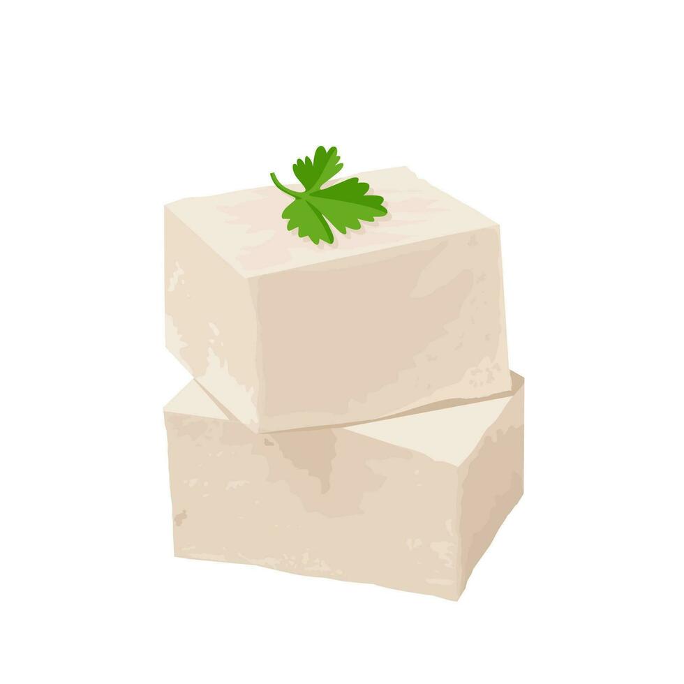 Vector illustration, white tofu with parsley leaf garnish, isolated on white background.