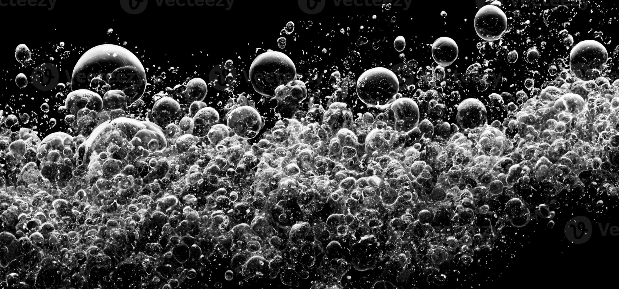 AI Generative Soda water bubbles splashing underwater against black background. photo