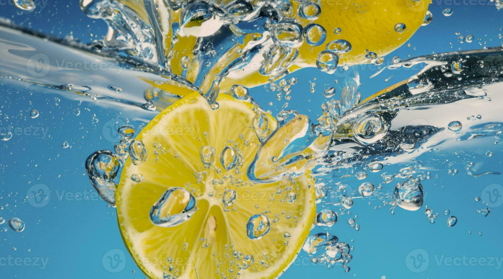 Underwater lemon slice in soda water or lemonade with bubbles. photo