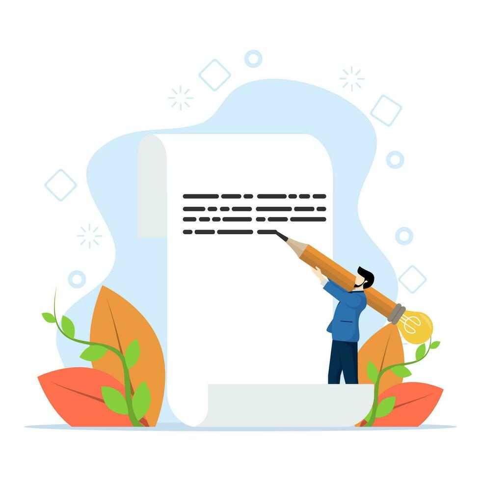 Copywriter or blogger concept, creative ideas and inspiration to start writing, imagination for success in work, talent and skills, young man using big pencil with light bulb idea writing on paper. vector