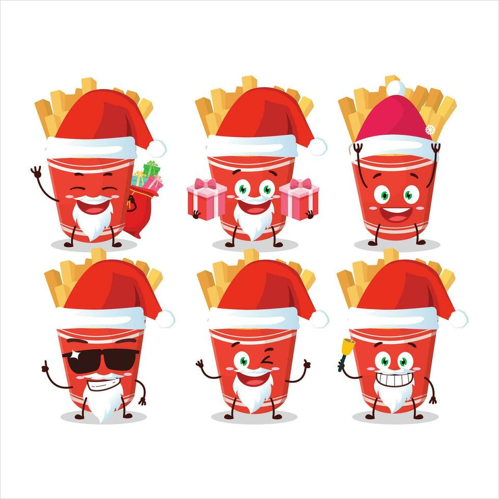 Papa Noel claus emoticones con taza de francés papas fritas dibujos animados personaje vector