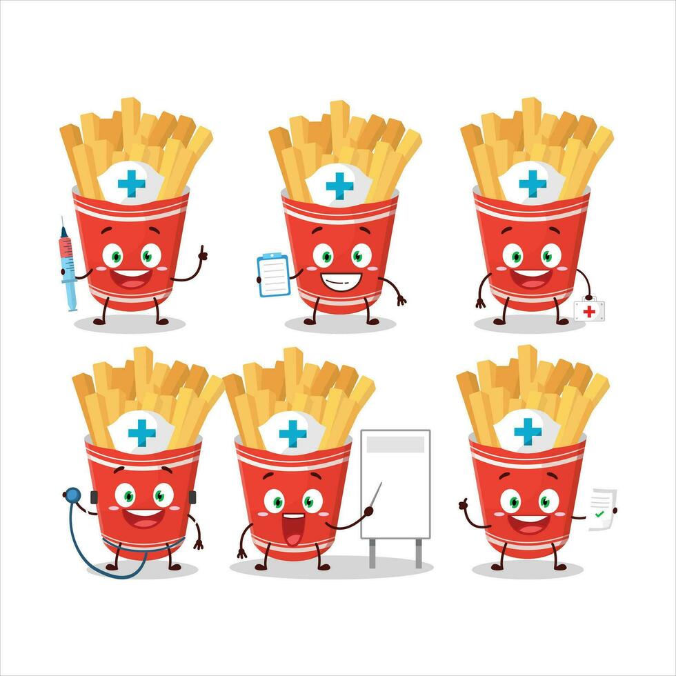 médico profesión emoticon con taza de francés papas fritas dibujos animados personaje vector