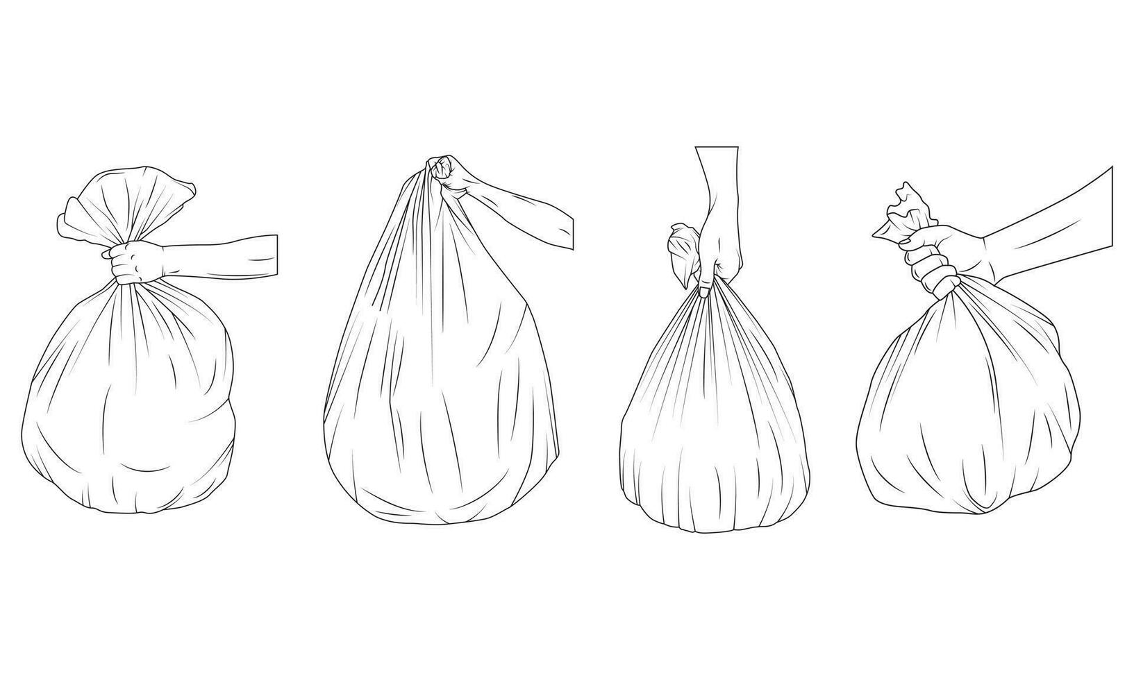 Collection of outline hands holding trash bag. Vector illustration