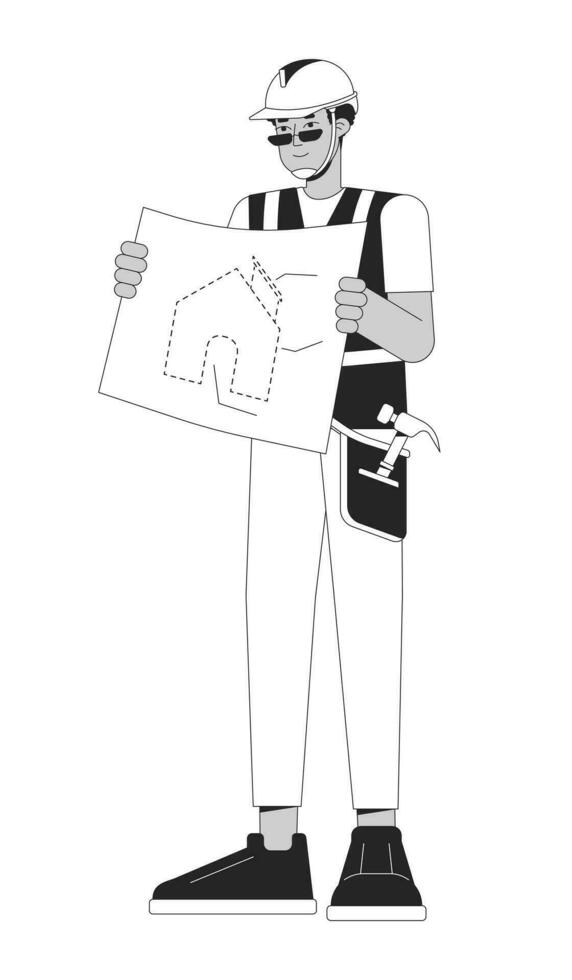Home builder holding blueprint black and white 2D line cartoon character. African american male construction worker isolated vector outline person. Present scheme monochromatic flat spot illustration