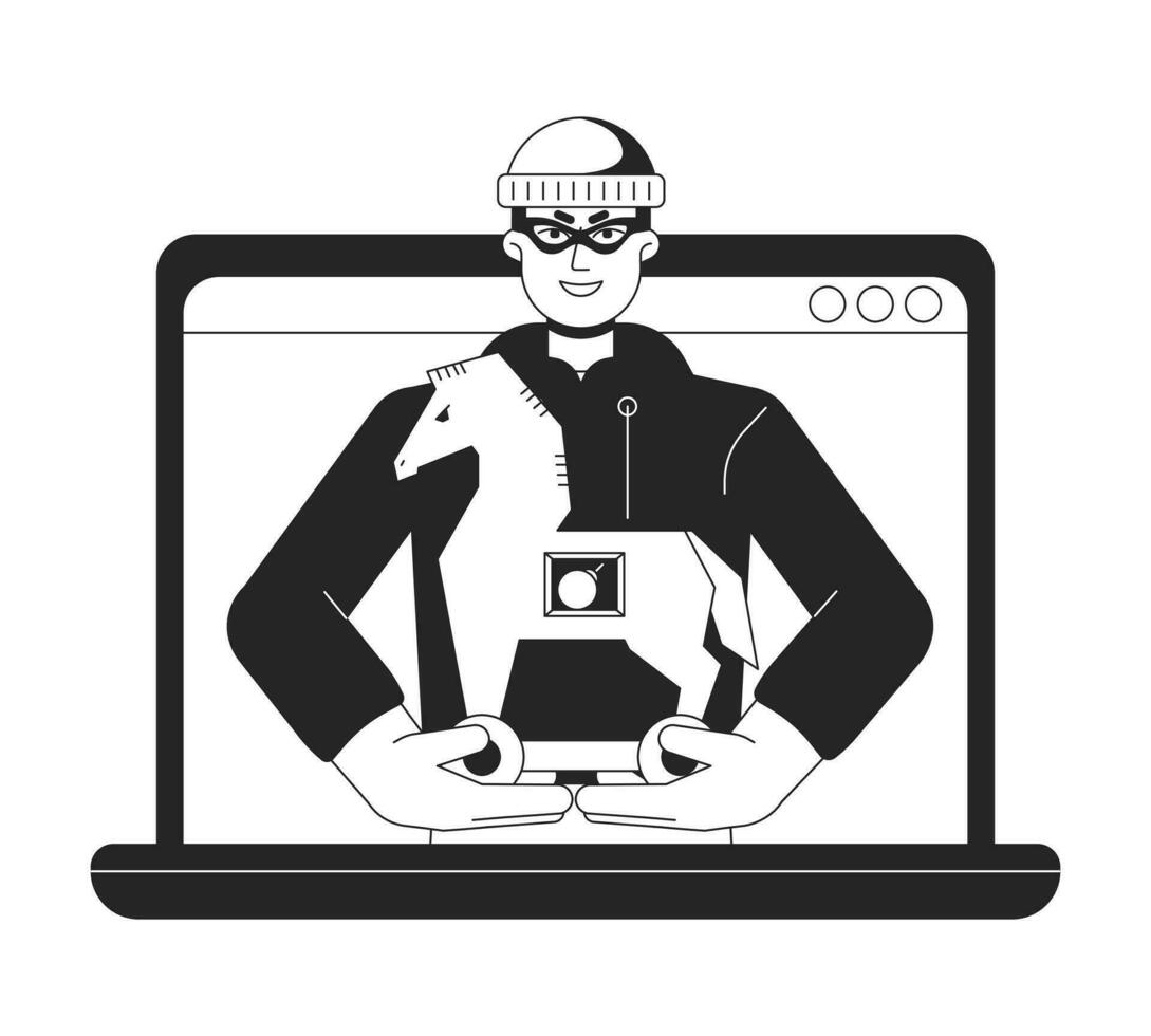 Trojan virus on laptop bw concept vector spot illustration. Man launch virus 2D cartoon flat line monochromatic character for web UI design. editable isolated outline hero image