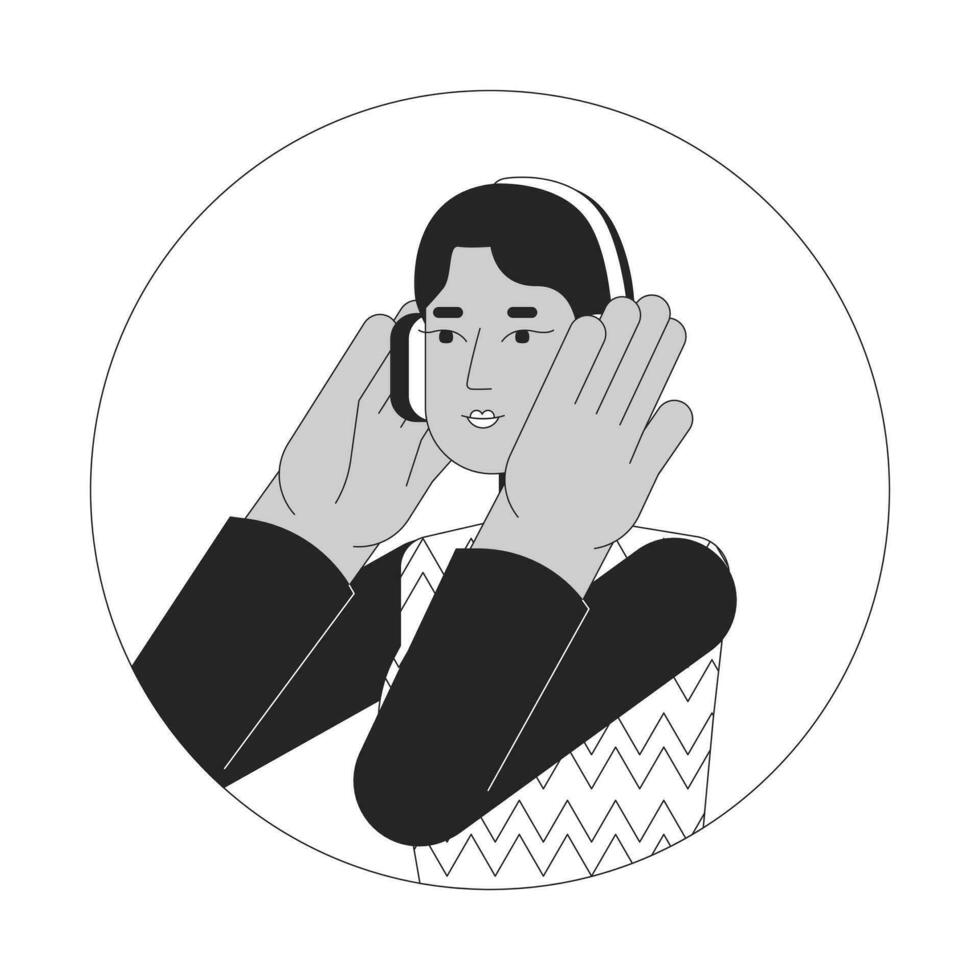 Headphones middle eastern woman black and white 2D vector avatar illustration. Happy melomaniac arab girl outline cartoon character face isolated. Podcast listen, enjoy music flat user profile image