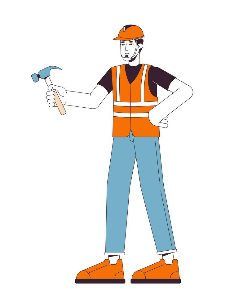European repairman holding hammer 2D linear cartoon character. Caucasian adult man carpenter isolated line vector person white background. Hardhat specialist fixing color flat spot illustration