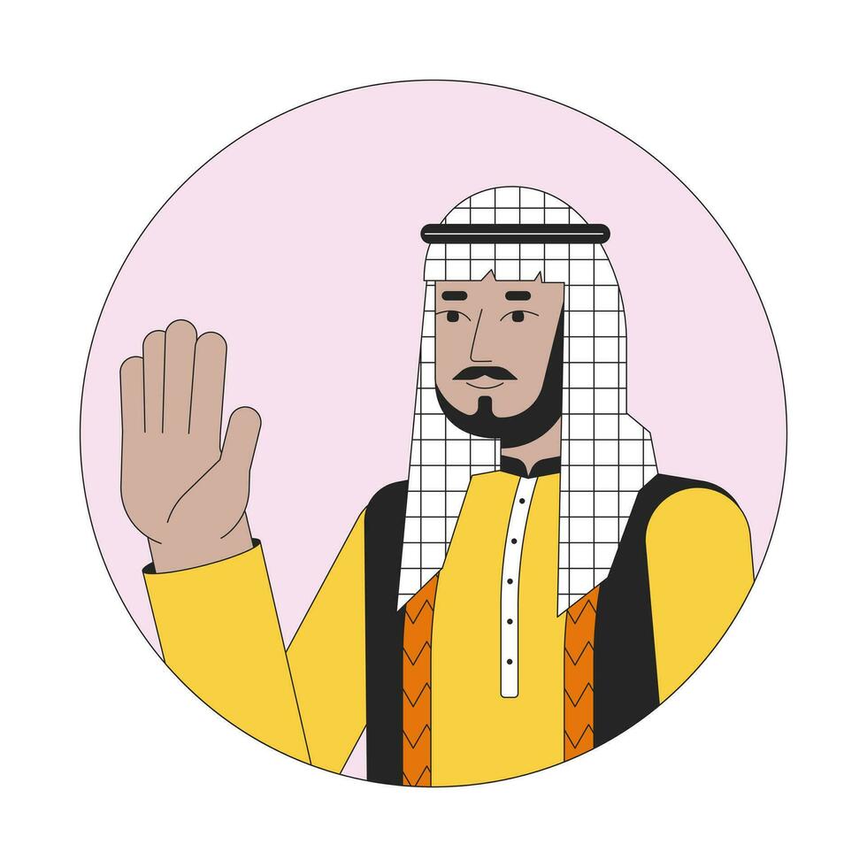 Saudi arabian man waving happy 2D line vector avatar illustration. Saying hello outline cartoon character face. Middle eastern male wearing chequered headgear flat color user profile image isolated
