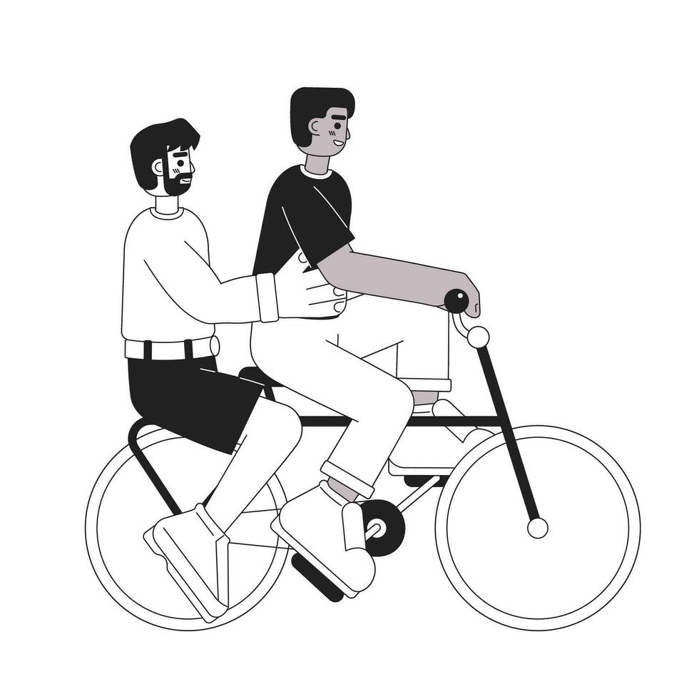 Friends riding on bike monochromatic flat vector characters. Bicycle for two people. Outdoor activity. Editable thin line full body people on white. Simple bw cartoon spot image for web graphic design