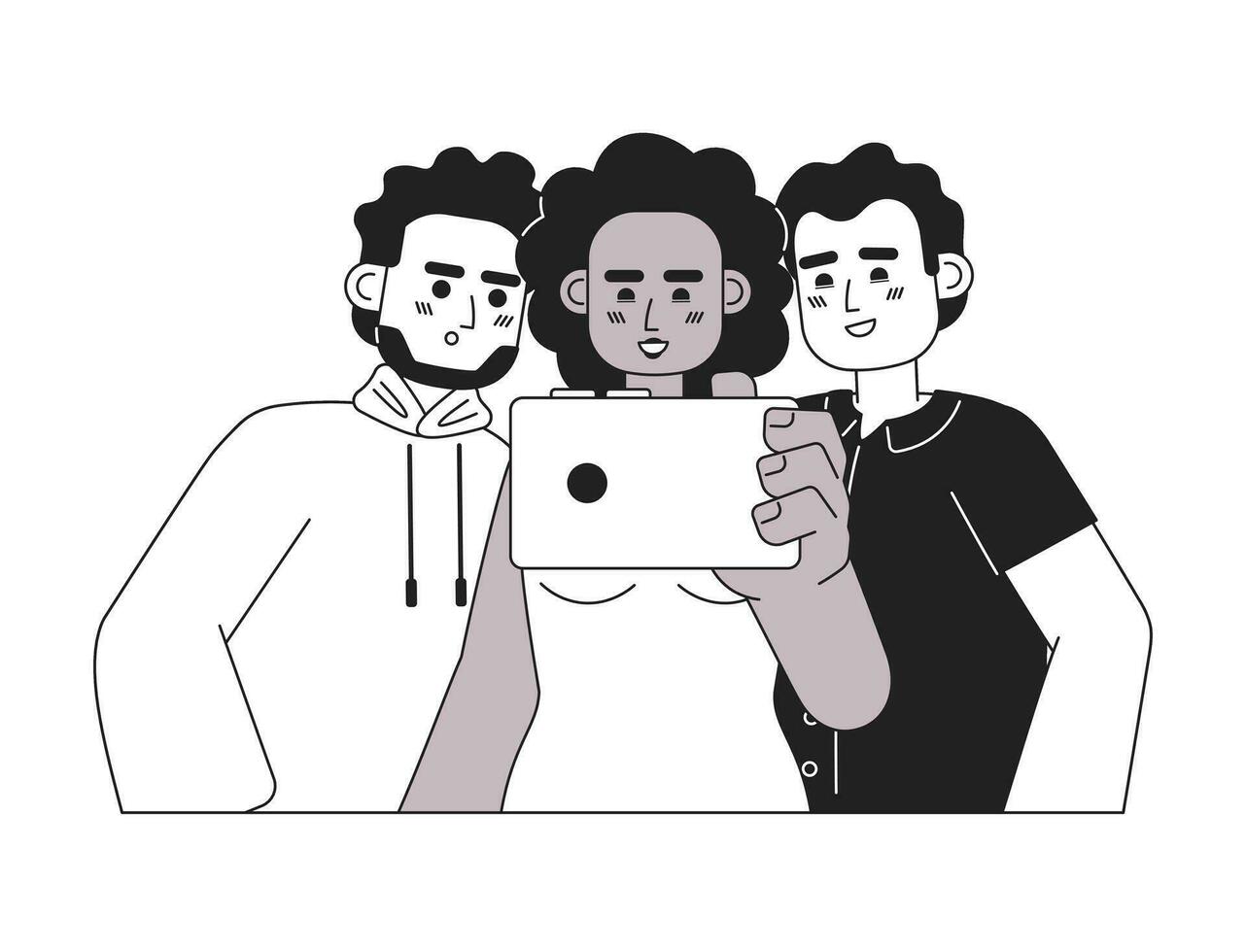 Watching video together monochromatic flat vector characters. Holding smartphone, looking on screen. Editable thin line half body people on white. Simple bw cartoon spot image for web graphic design