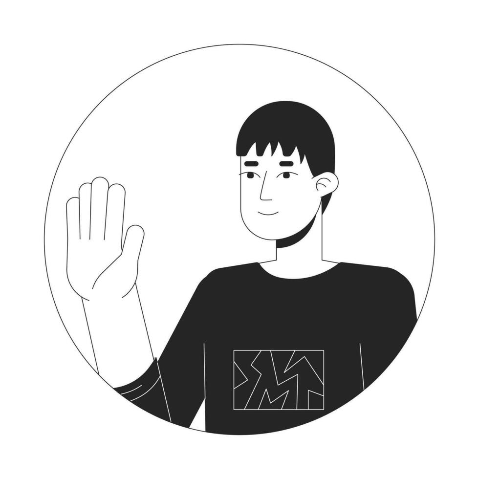 Normal japanese guy waving shyly black and white 2D vector avatar illustration. Asian young man saying hello outline cartoon character face isolated. Greeting gesture flat user profile image