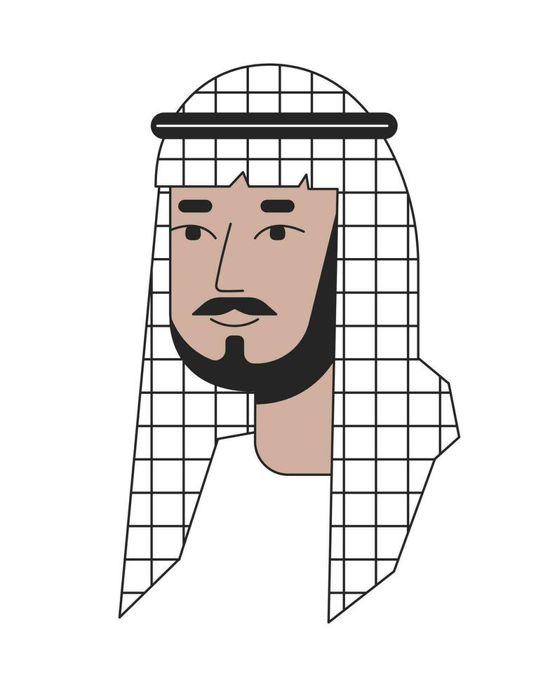 Bearded saudi man wearing keffiyeh 2D linear cartoon character head. Middle eastern male shemagh isolated line vector person face white background. Traditional arab man color flat spot illustration