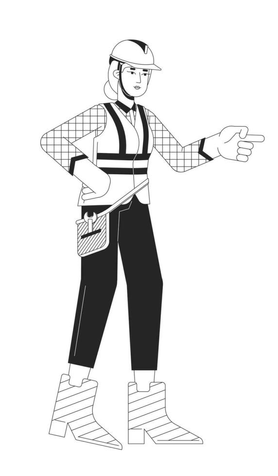 Hardhat supervisor woman caucasian black and white 2D line cartoon character. Architect female isolated vector outline person. Engineer build. Work inspection monochromatic flat spot illustration