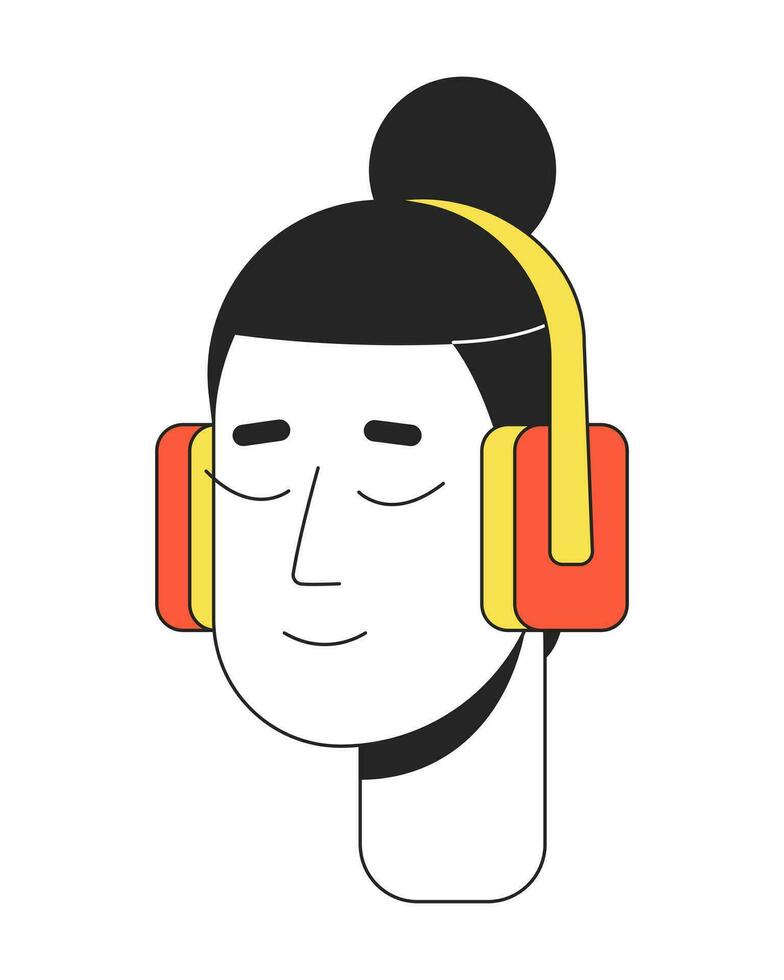 relajado auriculares hombre con samurai peinado 2d lineal dibujos animados personaje cabeza. auriculares relajante coreano masculino aislado línea vector persona cara blanco antecedentes. calma chico color plano Mancha ilustración