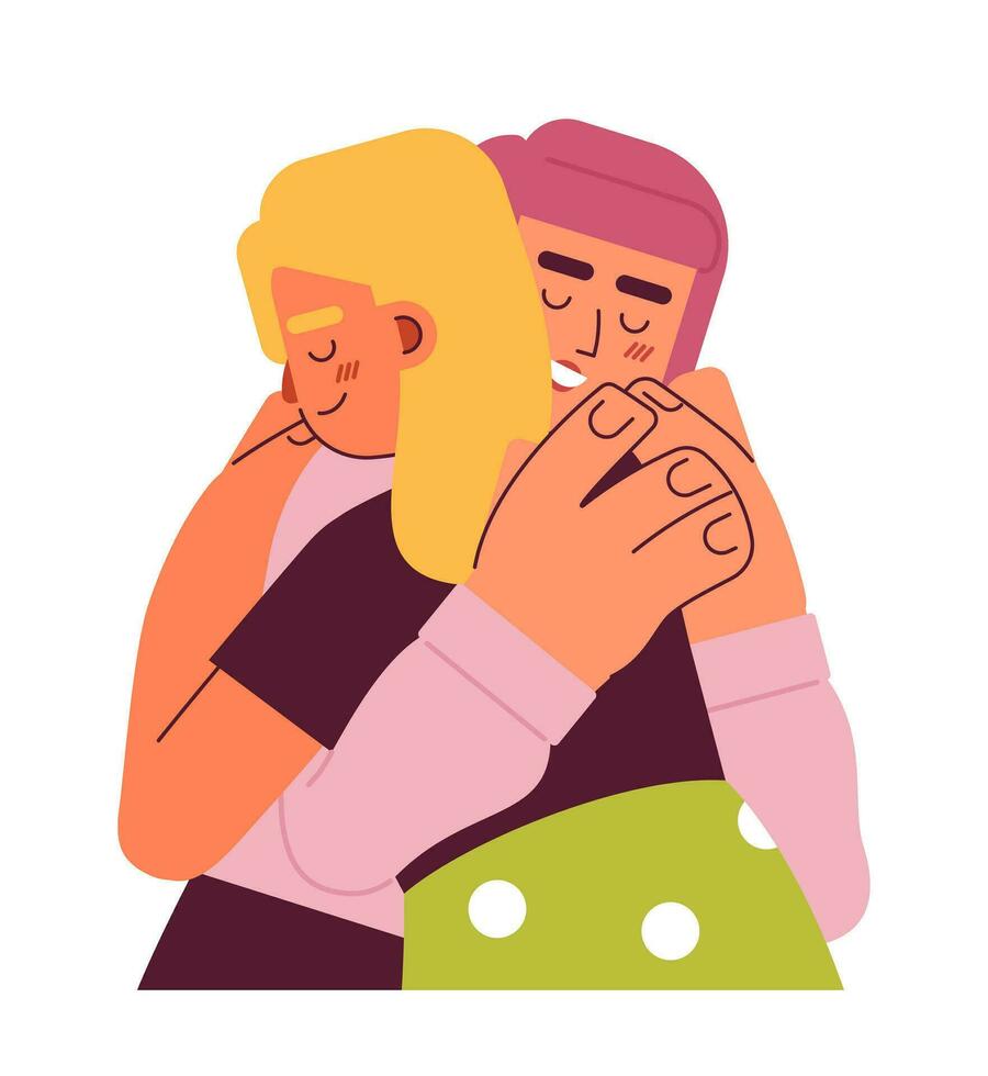 Women hugging semi flat color vector characters. Tight hug. Multinational friends. Editable half body people on white. Simple cartoon spot illustration for web graphic design