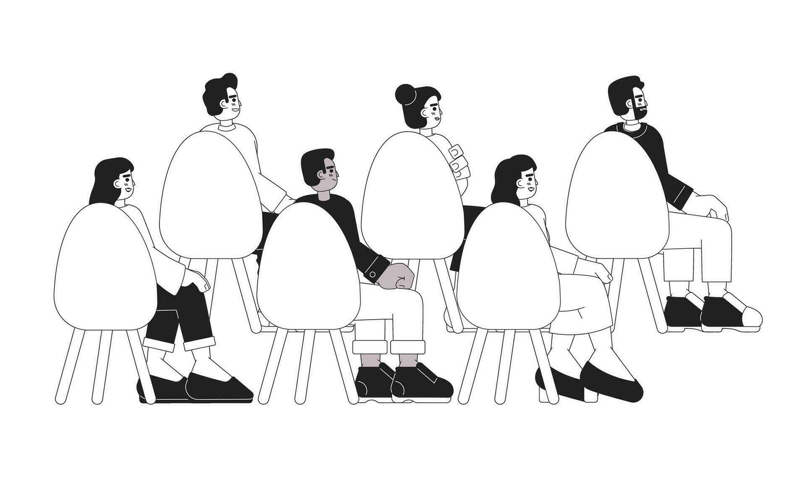 Audience listening conference black and white cartoon flat illustration. Group of business people diverse linear 2D characters isolated. Seminar attendees on chairs monochromatic scene vector image