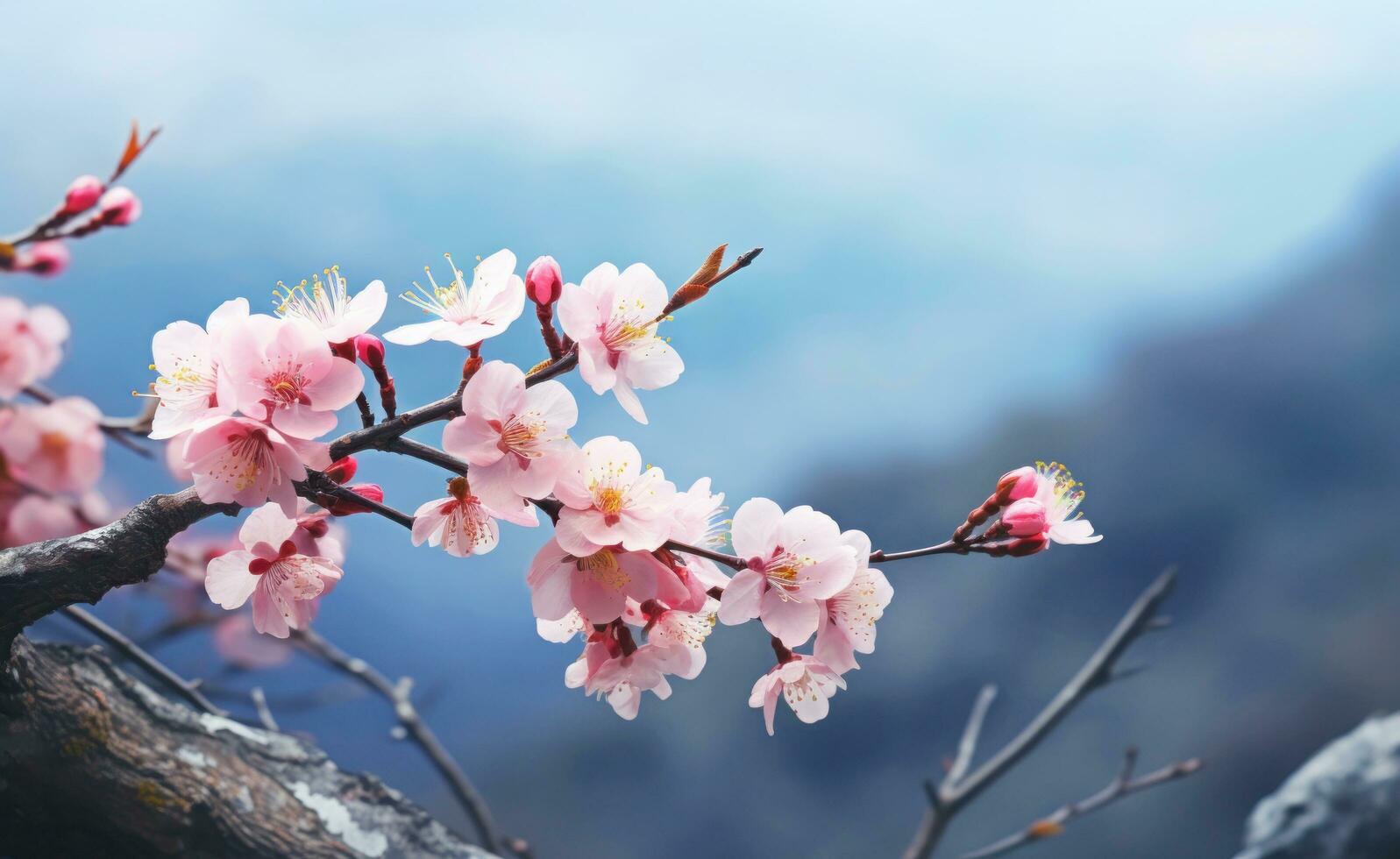 Pink cherry blossoms,pink sakura,beautiful cherry blossoms pastel pink background. Cherry blossoms are beautiful and pleasing to the eye. Makes you feel relaxed like you're in nature. Generative ai photo