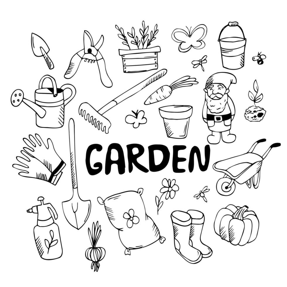 Garden tools and plants doodle set. Outline vector Illustration, gardening and horticulture. Home Agriculture equipment.