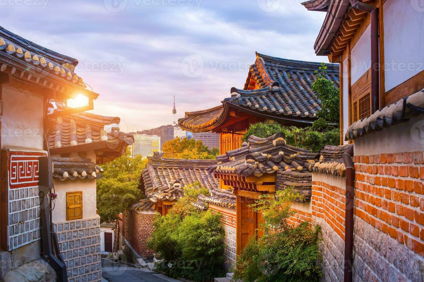 Bukchon Hanok Village Is the name traditional cultural village in downtown Seoul in the morning, with beautiful shining light, South Korea. photo