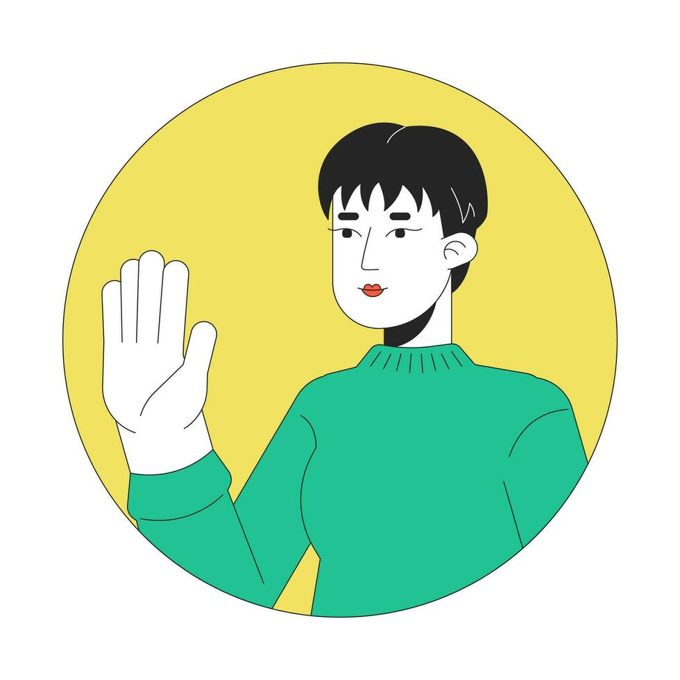 Pixie cut korean woman waving hand 2D line vector avatar illustration. Handsome asian lady greeting outline cartoon character face. Stop hand. Saying hi flat color user profile image isolated