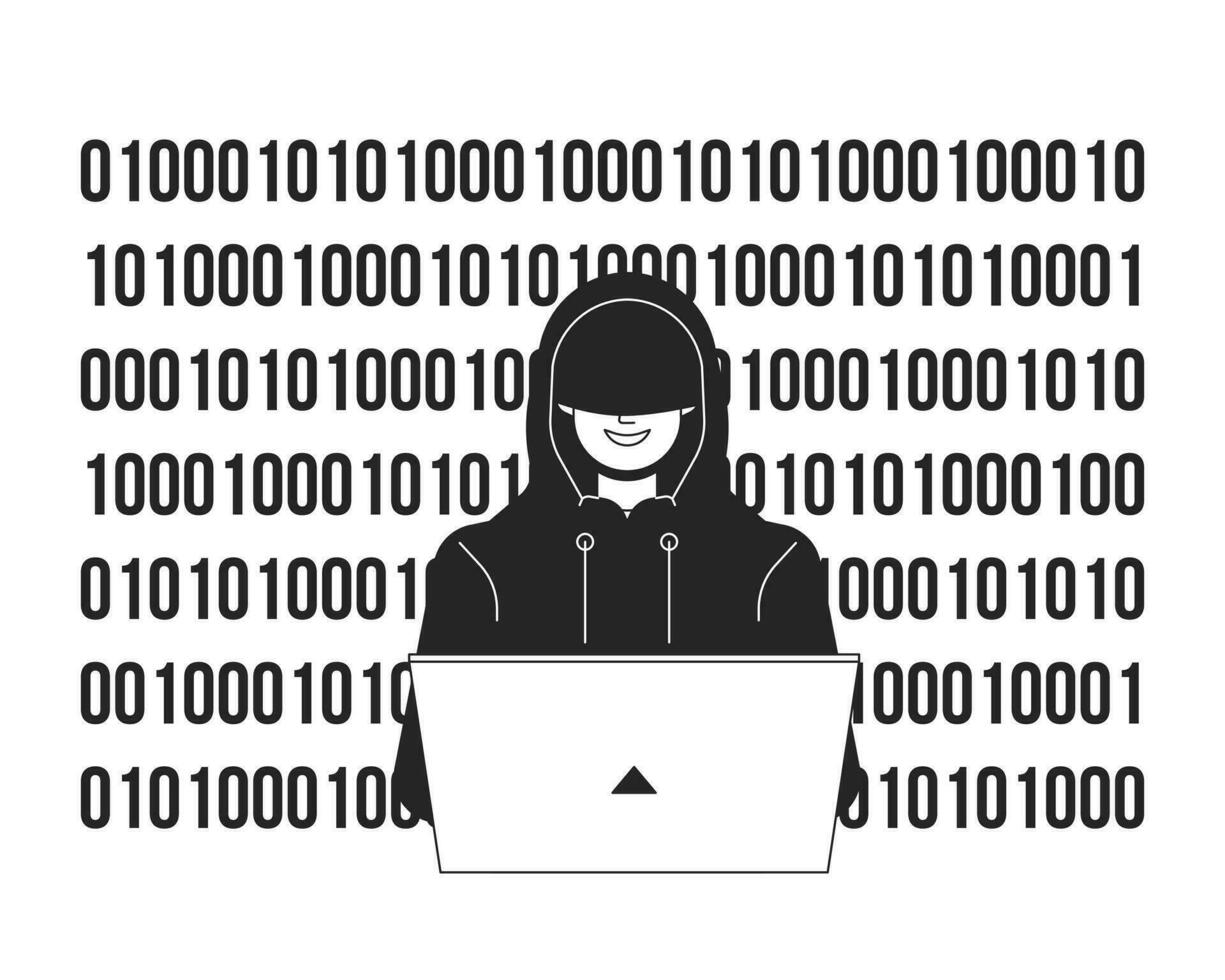 Hacker in hood coding bw concept vector spot illustration. Man with laptop 2D cartoon flat line monochromatic character for web UI design. Cybercrime editable isolated outline hero image