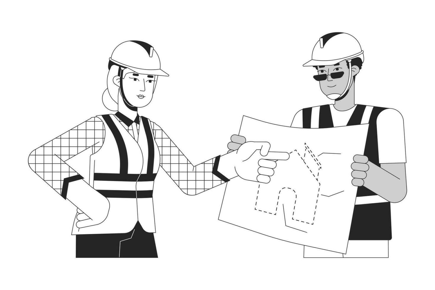 Diverse contractors discussing blueprint black and white 2D line cartoon characters. Building supervisor, construction worker isolated vector outline people. Monochromatic flat spot illustration