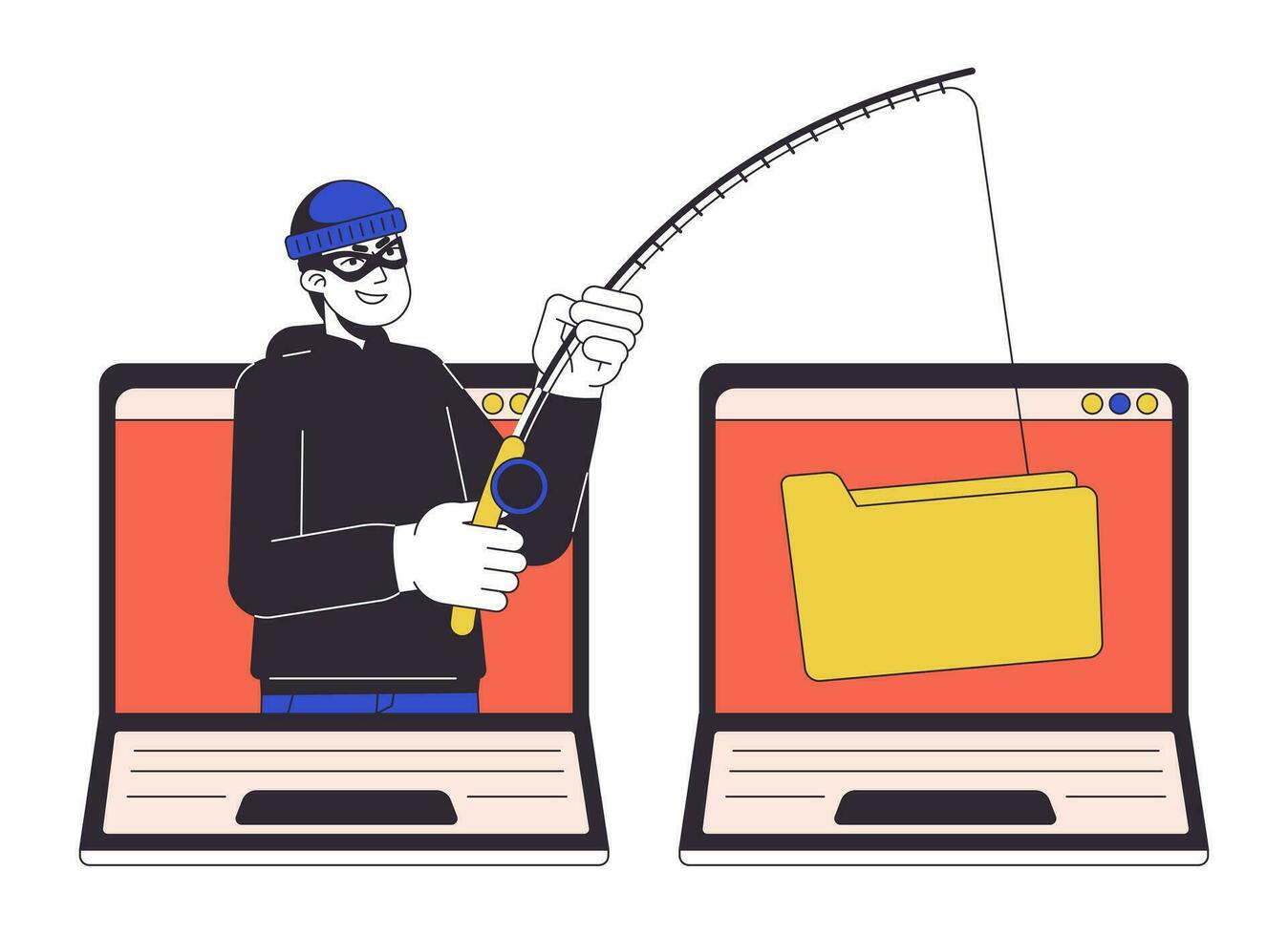 Phishing confidential information flat line concept vector spot illustration. Phishing attack. Stealing data 2D cartoon outline character on white for web UI design. Editable isolated color hero image