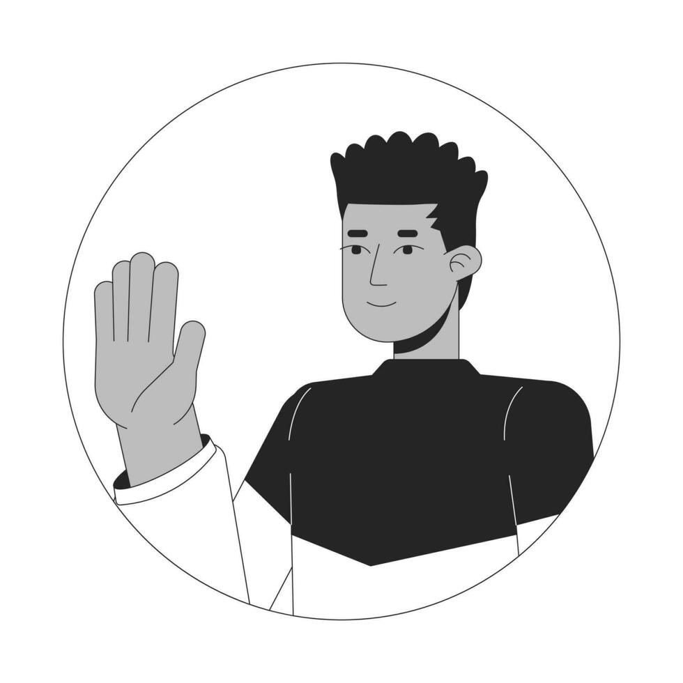 African american guy waving happy black and white 2D vector avatar illustration. Male black student saying hello outline cartoon character face isolated. Greeting gesture flat user profile image