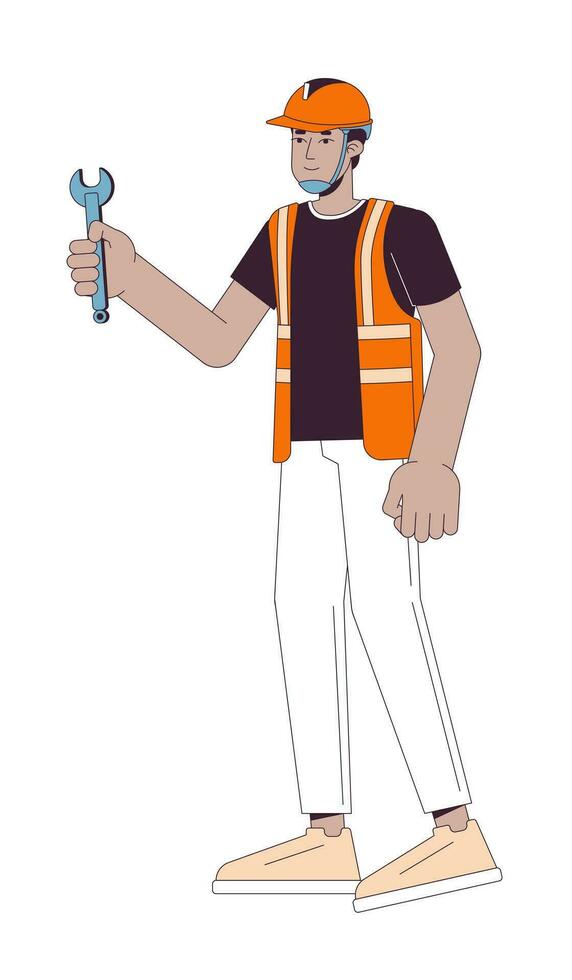 Indian repairman construction worker 2D linear cartoon character. South asian male contractor hardhat isolated line vector person white background. Holding wrench color flat spot illustration