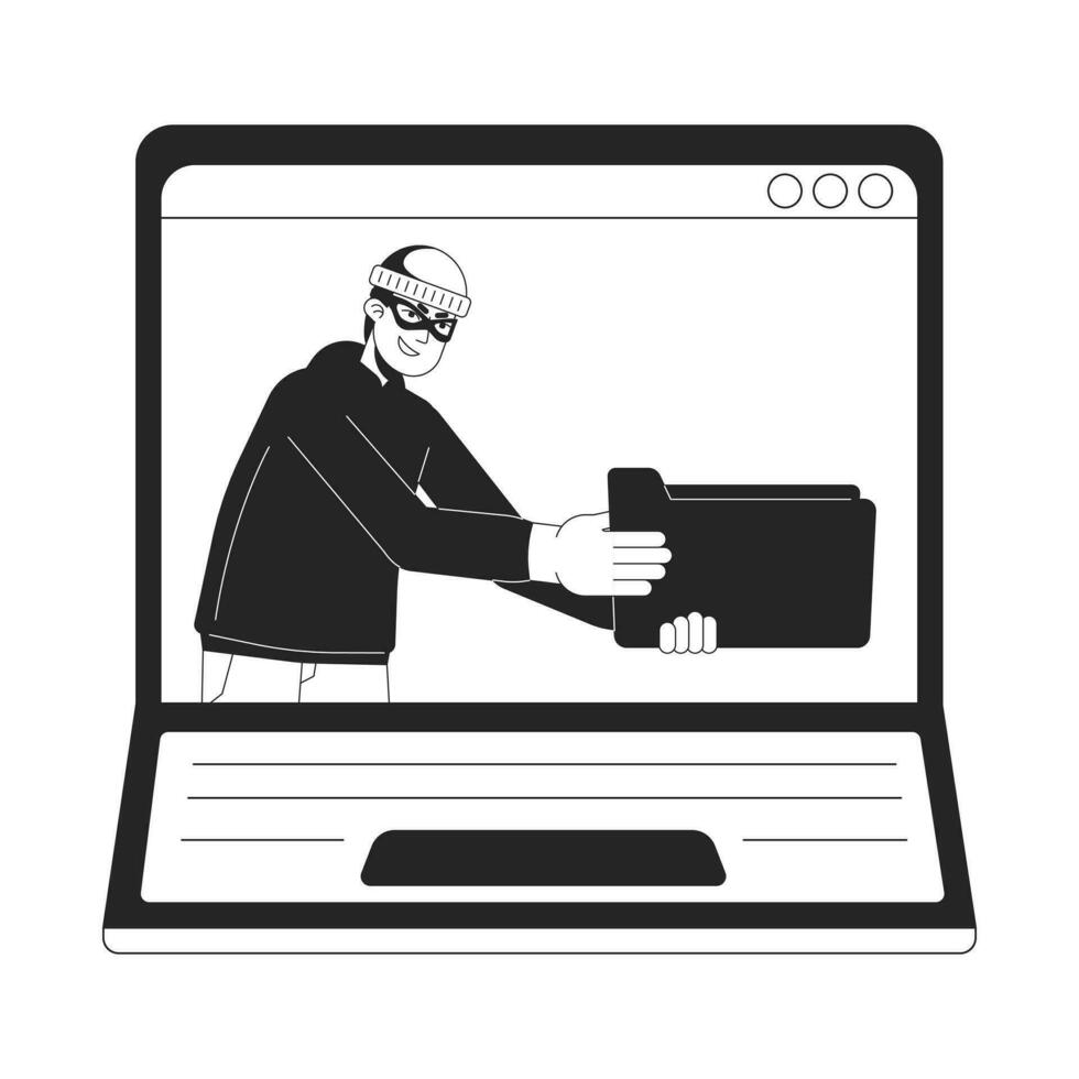 Cyber thief holding folder laptop screen bw concept vector spot illustration. Stealing data 2D cartoon flat line monochromatic character for web UI design. Editable isolated outline hero image