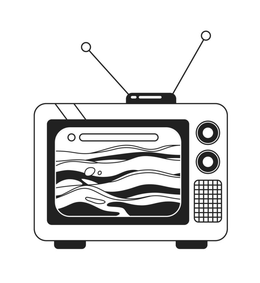 Waves ocean on old tv vintage black and white 2D cartoon object. Old fashioned retro television program isolated vector outline item. Watching nostalgia show monochromatic flat spot illustration