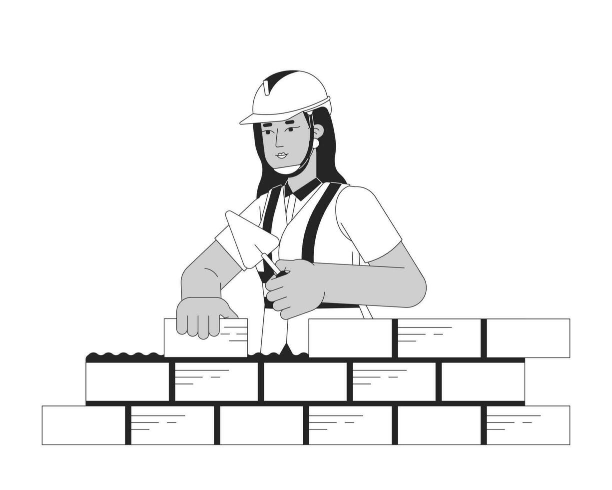 Indian woman bricklayer building black and white cartoon flat illustration. South asian female construction worker 2D lineart character isolated. Hat contractor monochrome scene vector outline image