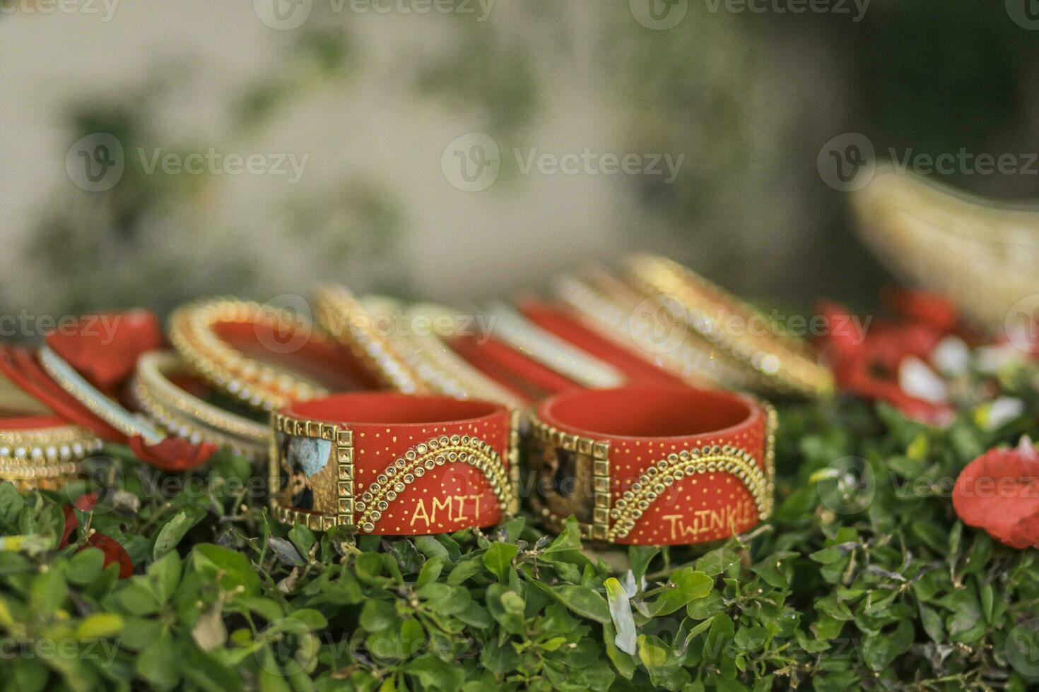 Indian Punjabi Choora pre wedding ceremony, ritual items, bangles, decorations close up photo