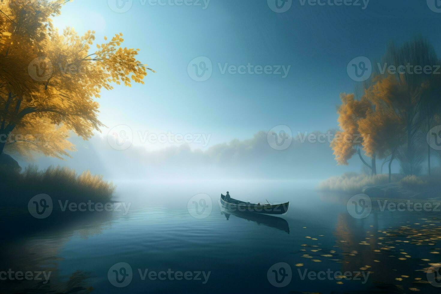 Foggy lake with wooden boat. Generate ai photo