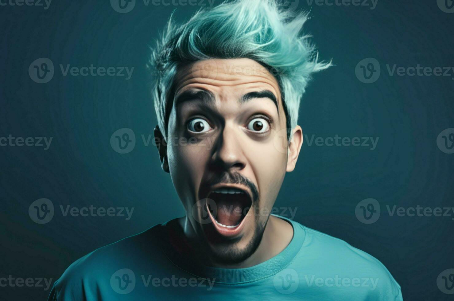 Surprised man with blue hair. Generate ai photo