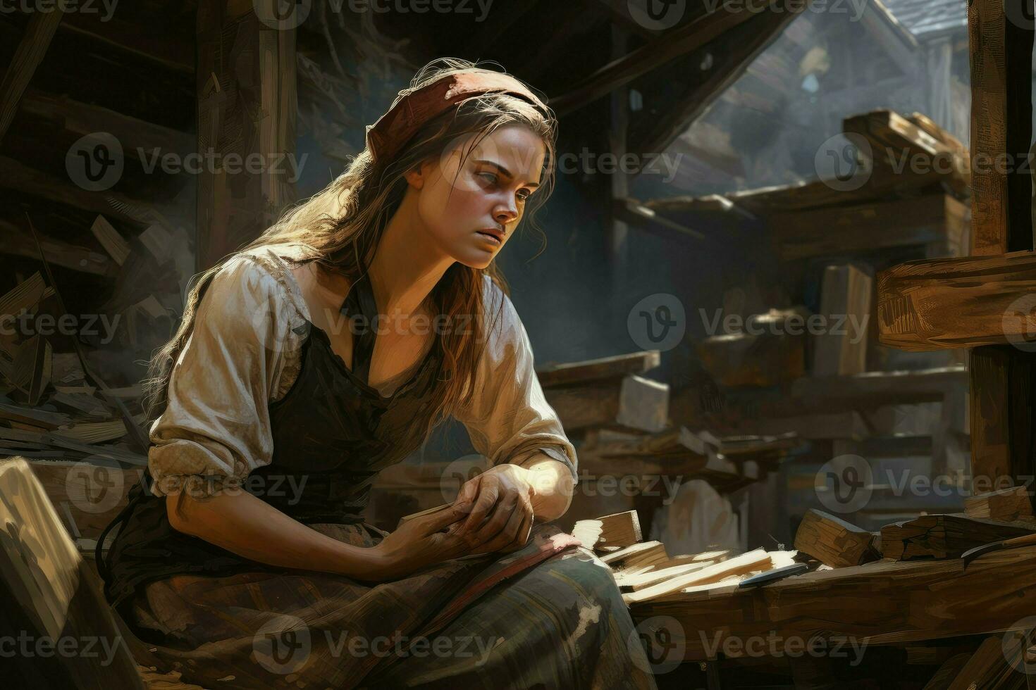 Skilled Carpenter cute woman sawmill. Generate Ai photo