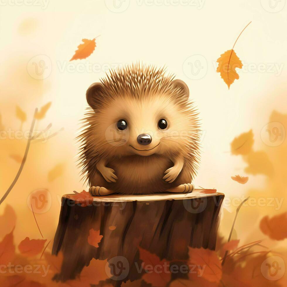 AI Generated Cute little hedgehog on a background of autumn leaves. Funny cartoon character. photo