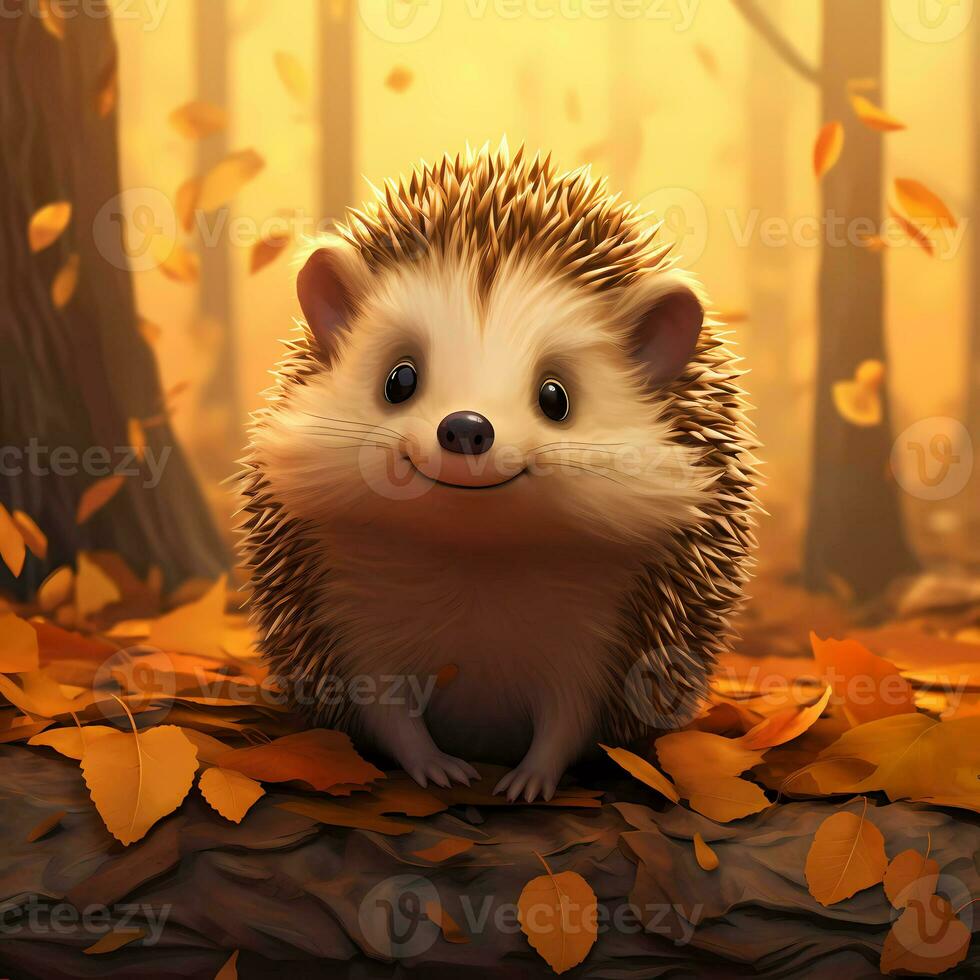 AI Generated Cute little hedgehog on a background of autumn leaves. Funny cartoon character. photo