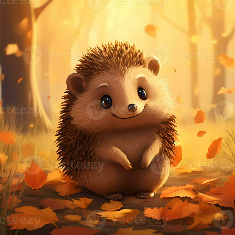 AI Generated Cute little hedgehog on a background of autumn leaves. Funny cartoon character. photo