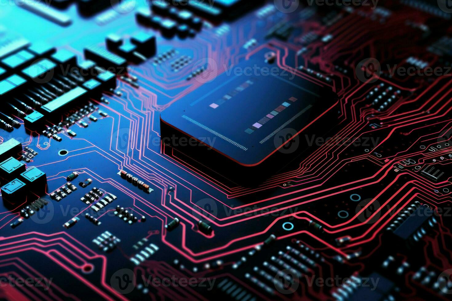 Distinctive integrated circuit chartreuse flare Data macro shot. Generate Ai photo