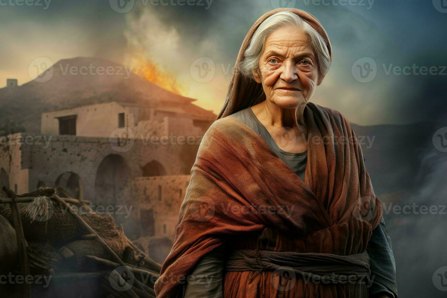 Ancient greek volcano eruption old woman. Generate Ai photo