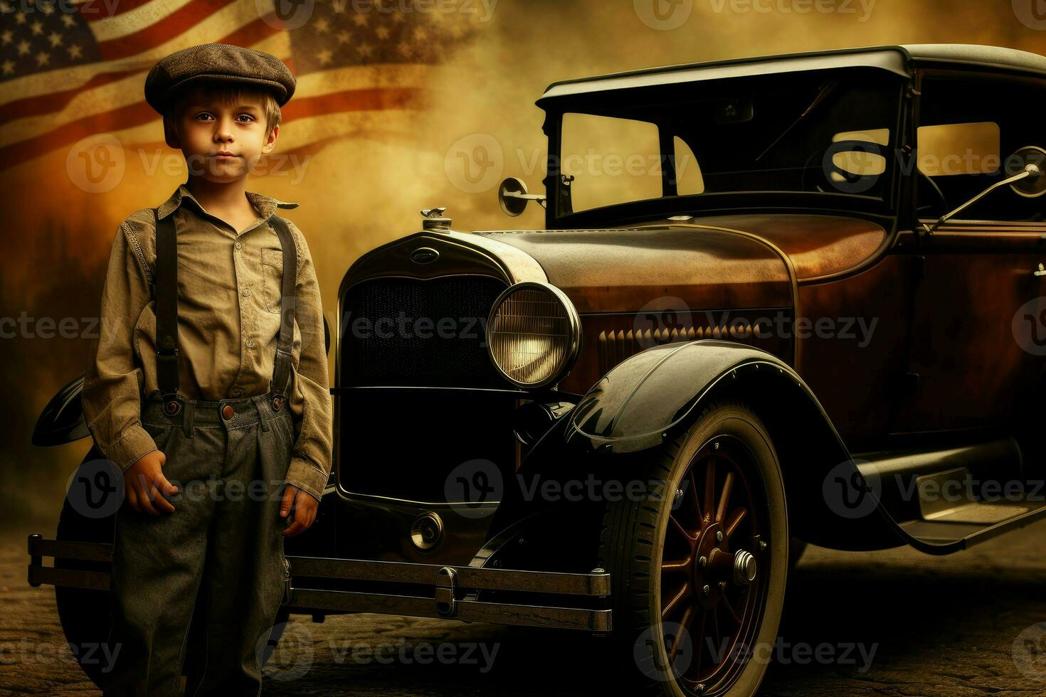 Nostalgic American 1920 child boy. Generate AI photo