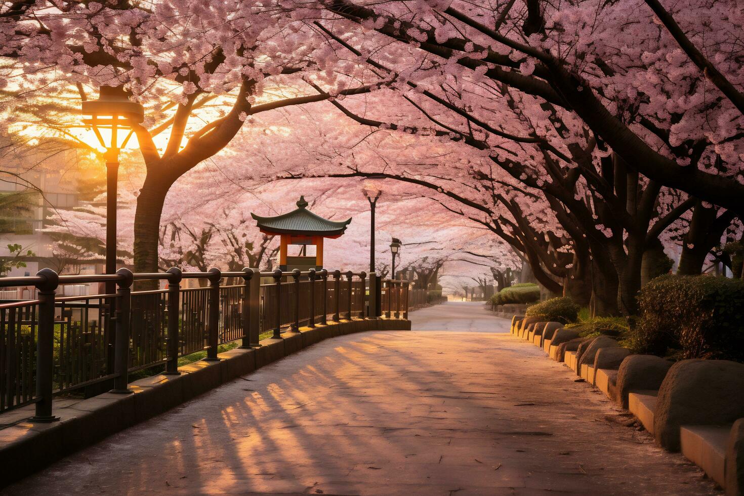 Cherry blossom park during sunset AI Generative photo