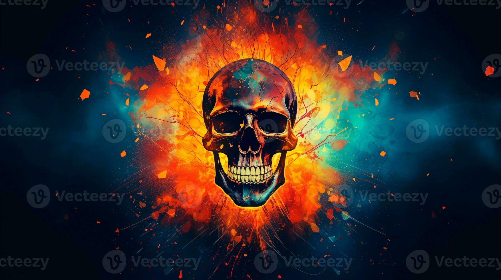 Background with a realistic skull with patterns of abstract shapes, leaves, flowers. photo